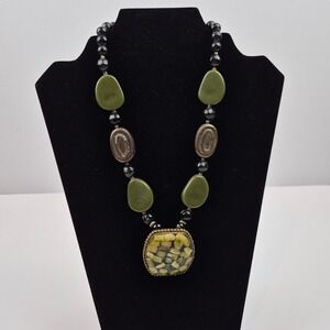 Artisan Statement Necklace Green‎ Black Beaded 20" Hook Closure Boho Chic Style